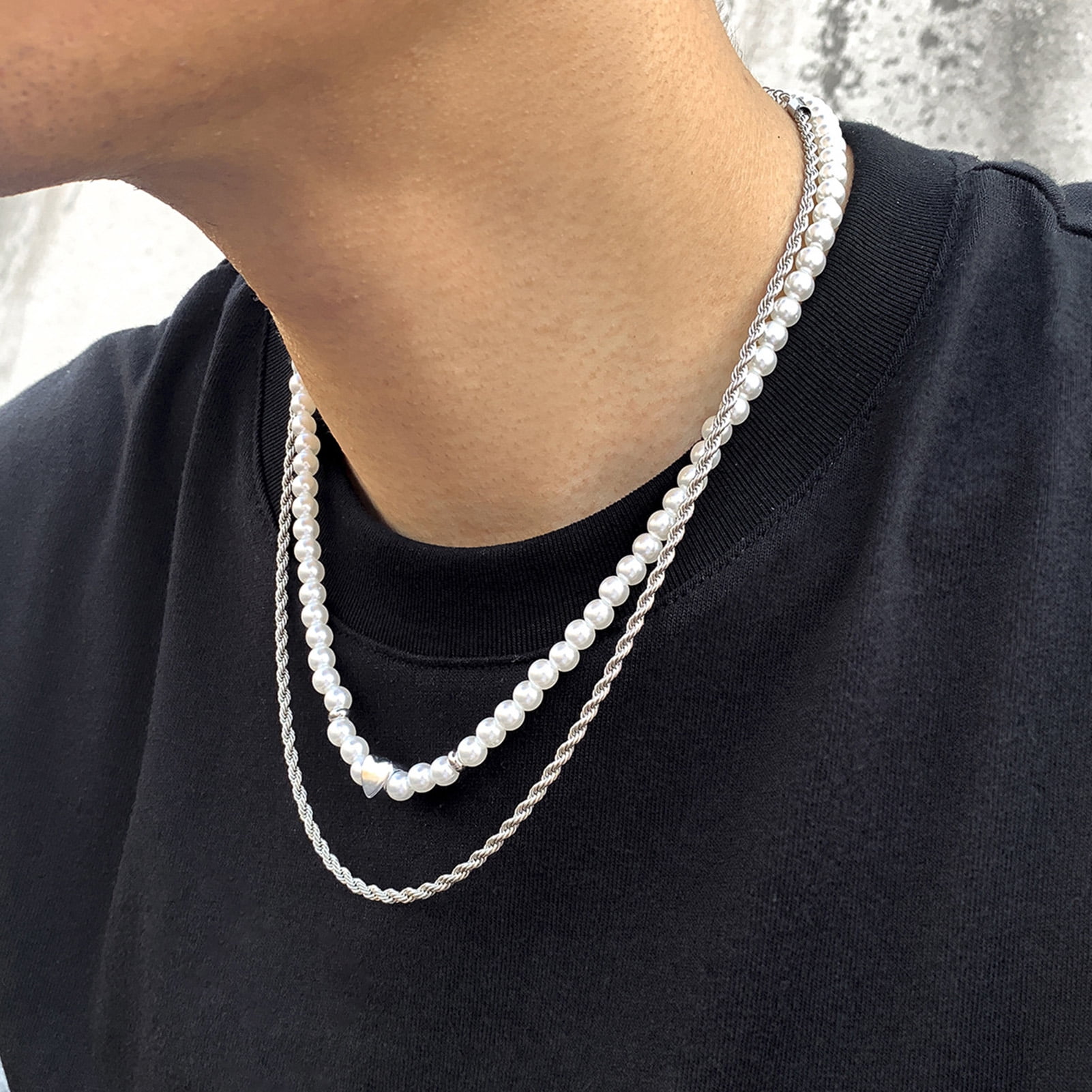 Double layer chain necklace for men, stainless steel, cuban curb and  trombone chain, silver, gold, man