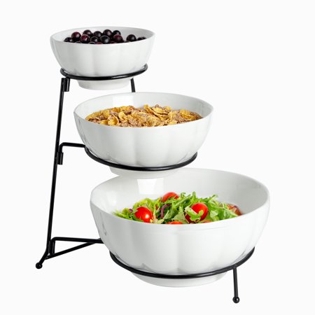 XINLT-3 Tier Serving Bowls with Stand, Porcelain Tiered Serving Tray Food Display Set, Tiered Serving Stand for Entertaining Party,Perfect for Salad Bar Sandwiches Sliced Cheese-Black