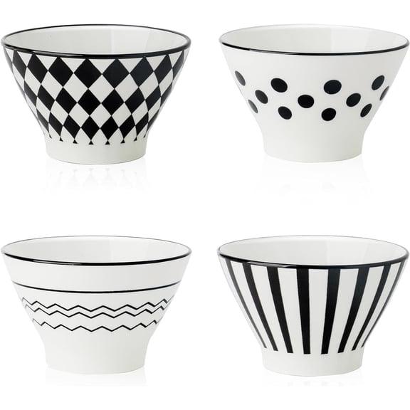 XINLTC 4 Piece  Cereal Bowl Ceramic  Soup Bowls 14oz, 5 Inch Japanese Rice Bowls  Porcelain  Salad Bowl Set, Soup Pasta Oatmeal Dessert Bowls for Home,  Black and White