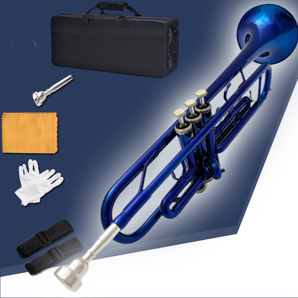 XINMEL trumpet instrument Blue B flat three-tone trumpet beginner band plays western instruments, with boxes and cleaning kits.