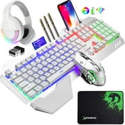 XINMENG K680 Wireless Gaming Keyboard Mouse Bluetooth Headset Kit with 16 RGB Backlit Rechargeable Battery Metal Mechanical Ergonomic Waterproof Removable Palm Rest for Laptop PC Gamer White