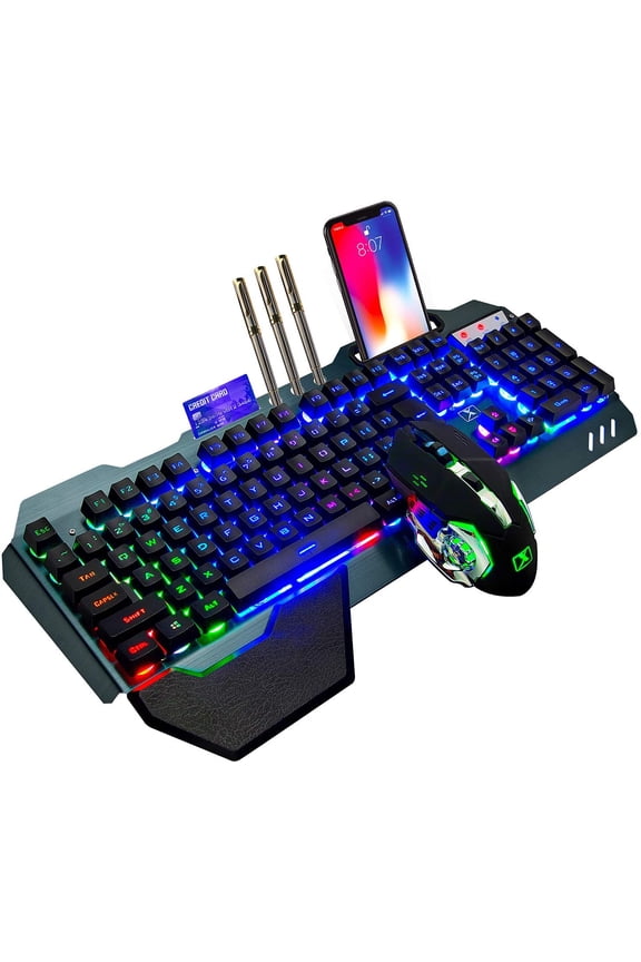 Wireless Gaming Keyboard and Mouse, Rainbow Backlit Rechargeable Keyboard Mouse 3800mAh Battery Metal Panel, Removable Hand Rest Mechanical Feel Gaming Mute Mouse for PC PS4 PS5 Xbox Gamers