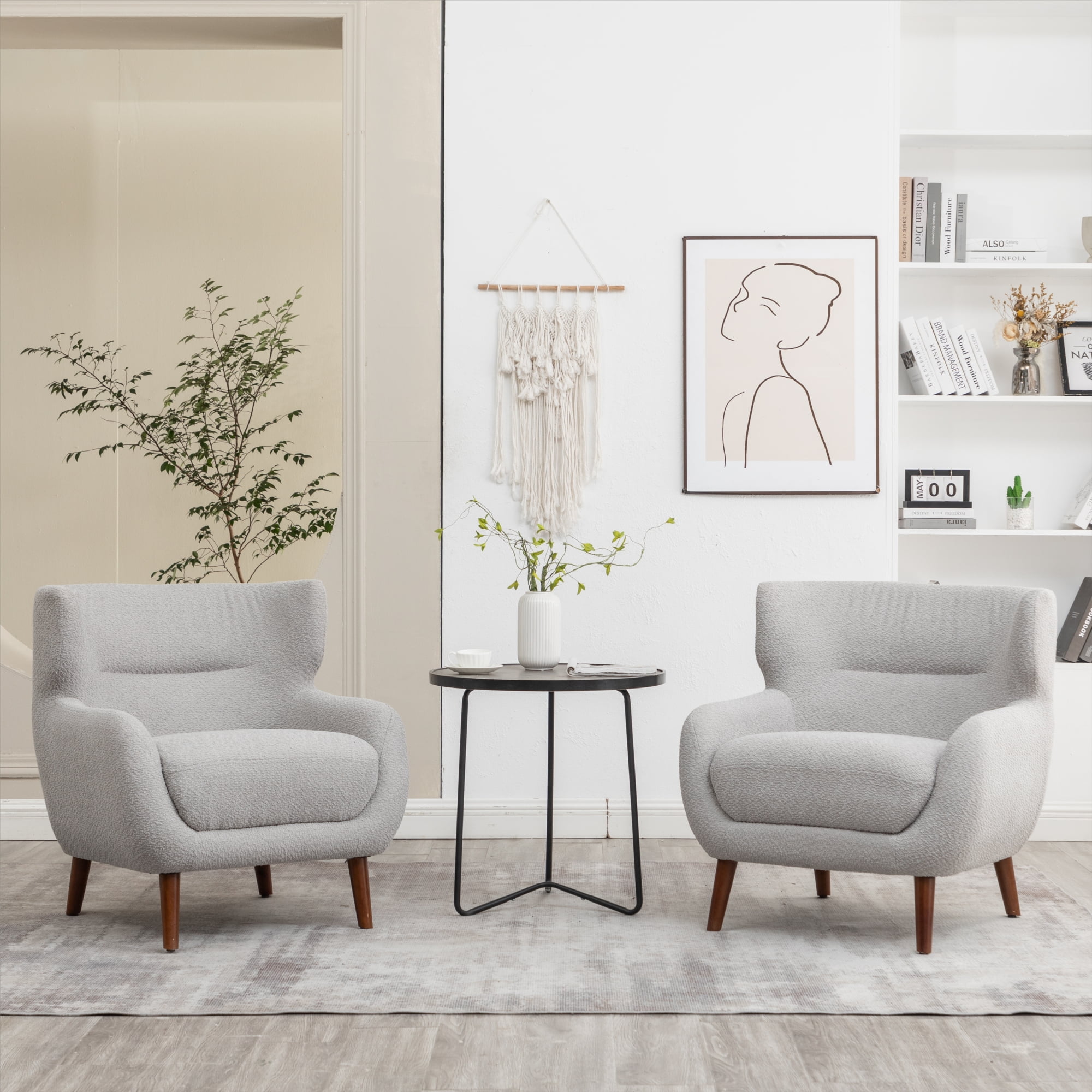 Gray Velvet Barrel Accent Chair Set with Solid Wood Legs