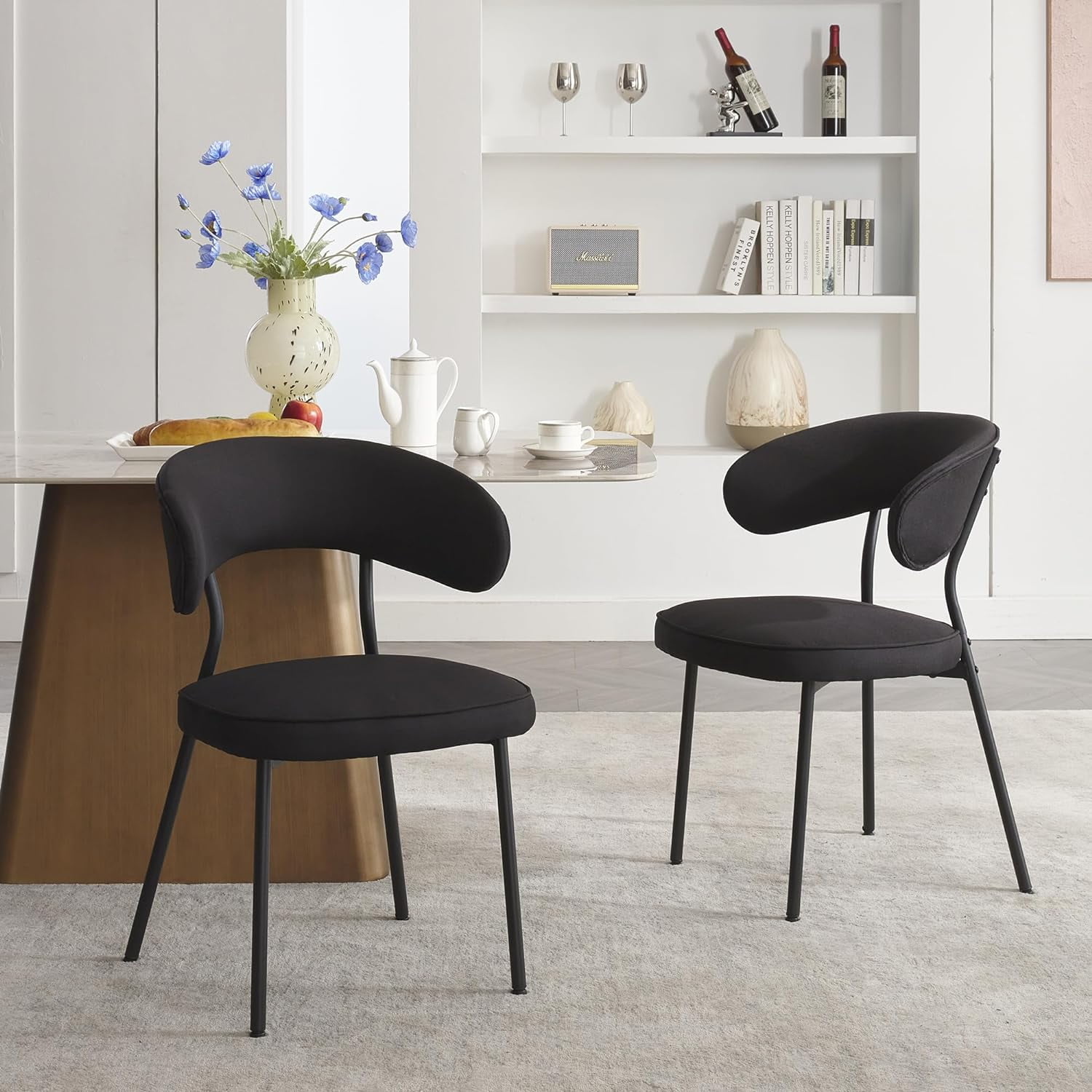 Black Metal Upholstered Mid-Century Modern Side Chair Set