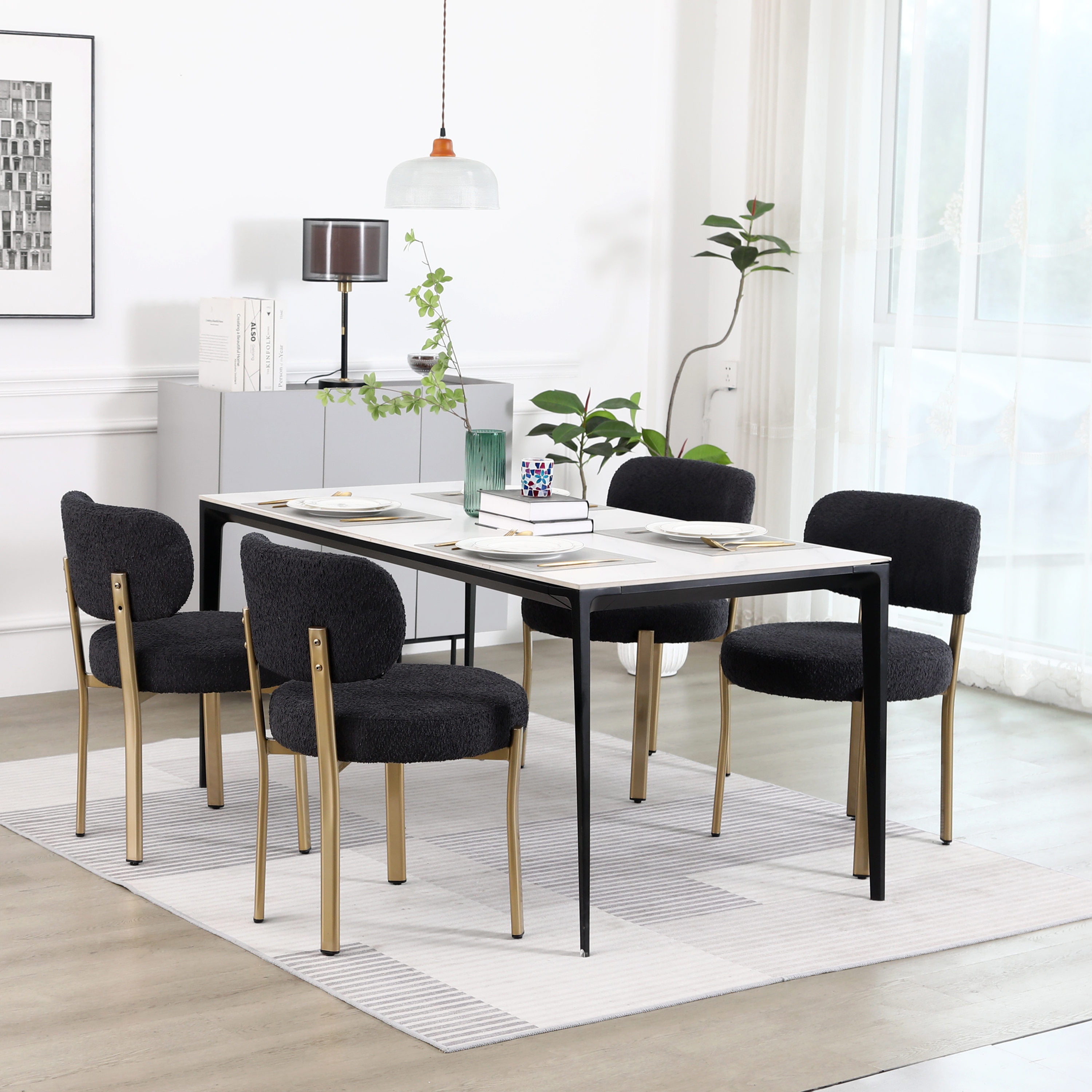 XINMICS Black Dining Chairs Set of 4 Upholstered Boucle Dining Room ...