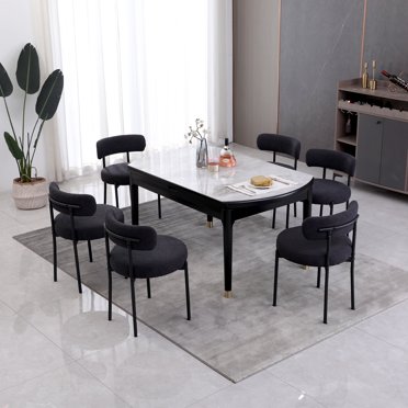 BTM Modern Boucle Dining Chair Set Of 4, Mid-Century Modern Accent Chair With Curved Backrest And Black Metal Legs
