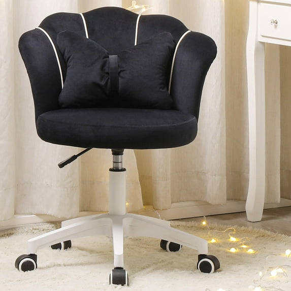 XINMICS Velvet Vanity Chair with Cushion, Black Swivel Desk Chair with Wheels