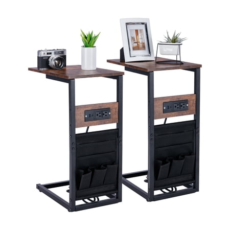 XINMICS C Shaped End Table with Charging Station, Side Table with USB Ports and Outlets, Brown