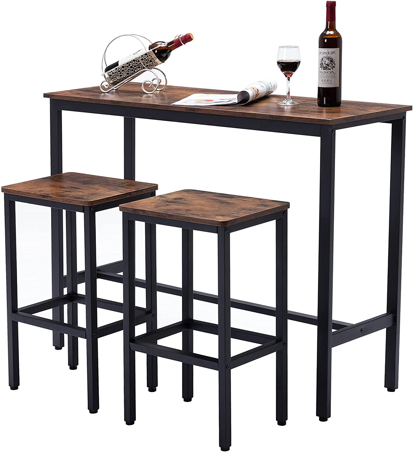 XINMICS Kitchen Bar Height Table with Stools Set, Brown