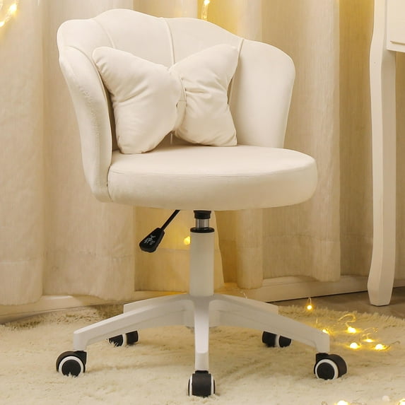 XINMICS Cute Vanity Chair with Cushion, Swivel Desk Chair with Wheels, White