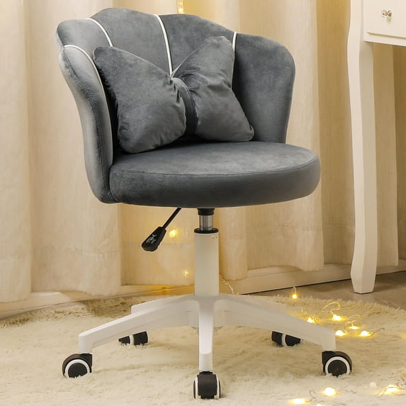 XINMICS Velvet Vanity Chair with Cushion, Swivel Home Office Desk Chair, Gray