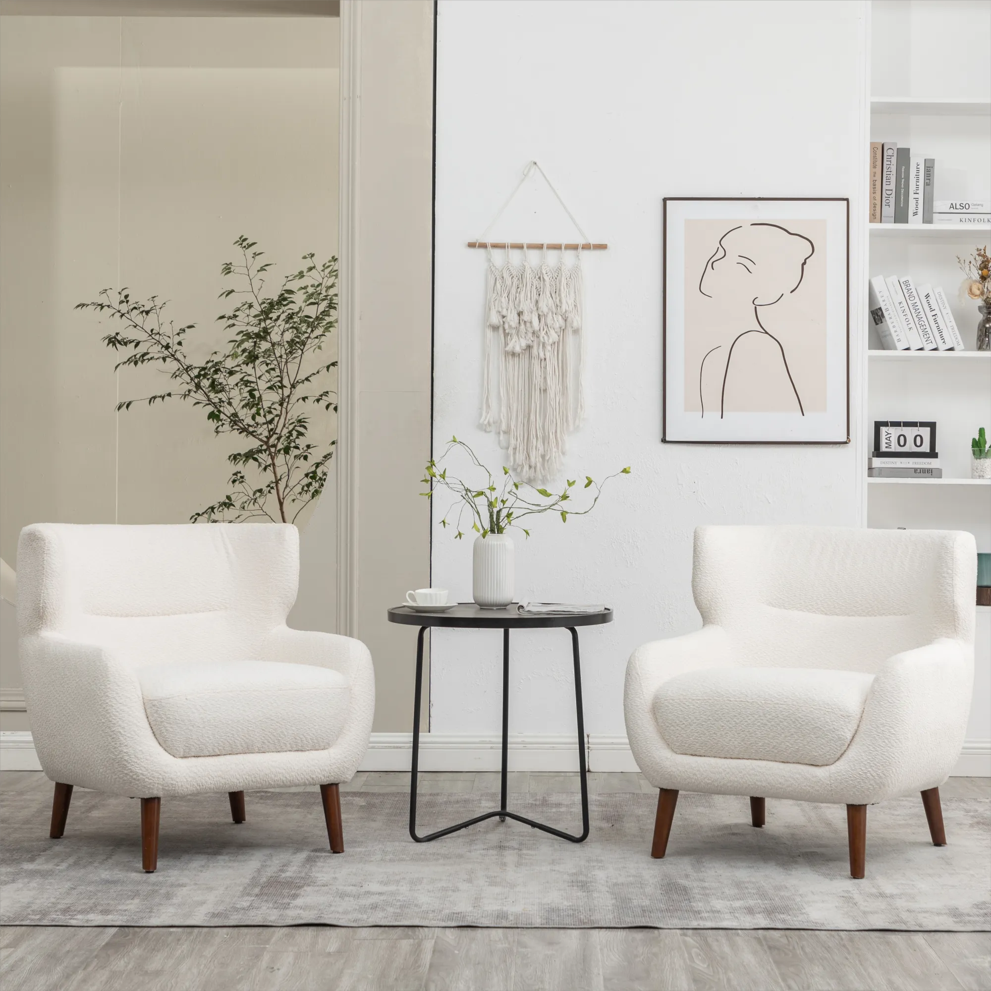 White Velvet Upholstered Barrel Accent Chair Set with Wooden Legs