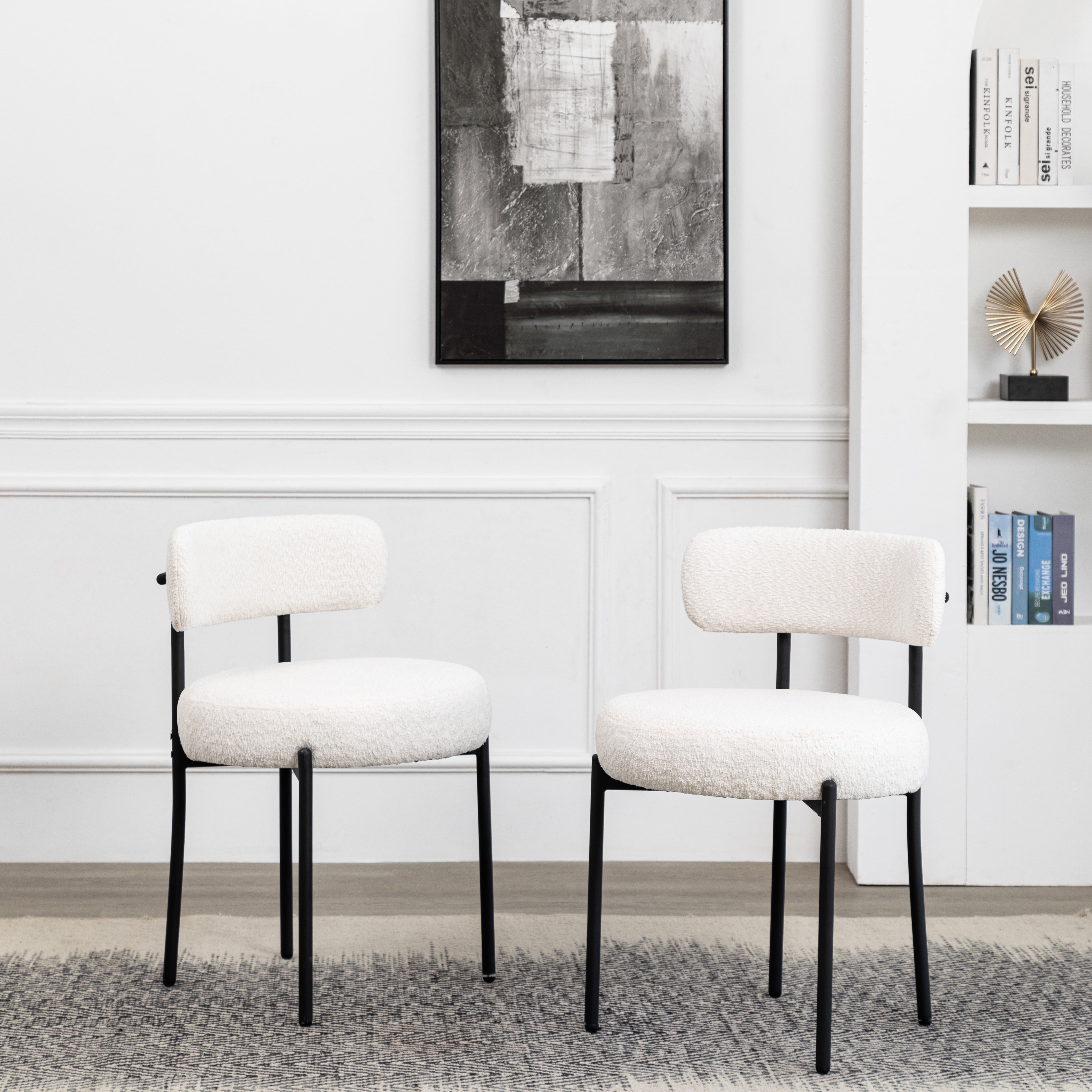 White Boucle Upholstered Dining Side Chairs with Black Metal Legs, Set of 2