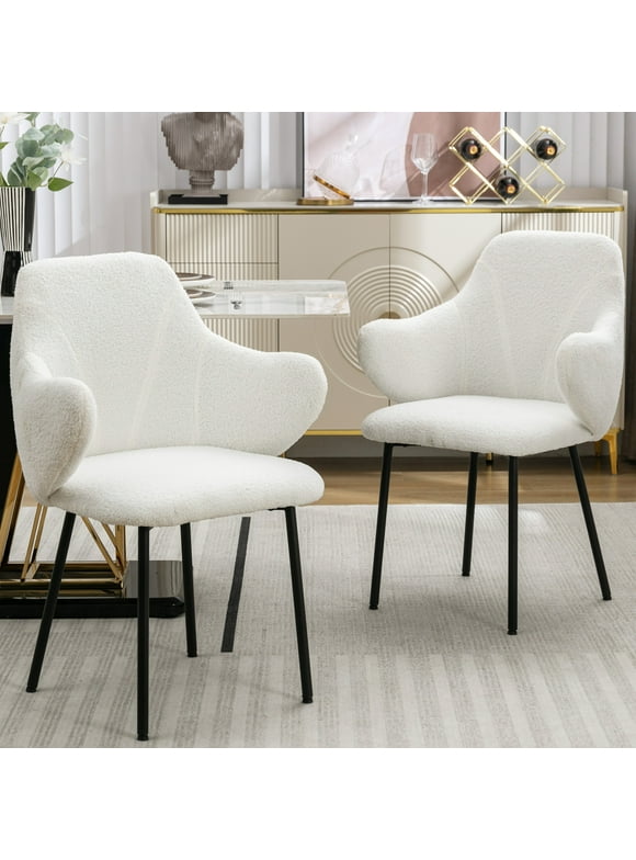 XINMICS White Dining Chairs Set of 2, Modern Boucle Armchair Vanity Chair