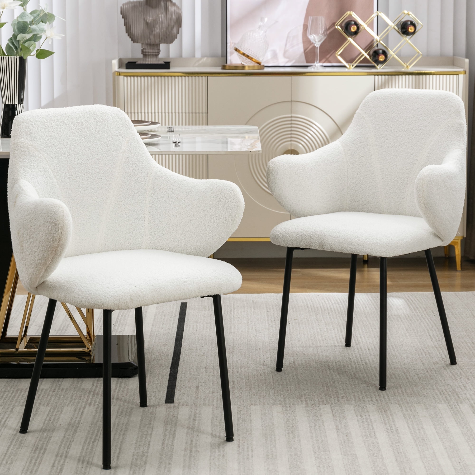 XINMICS White Dining Chairs Set of 2, Modern Boucle Armchair Vanity ...