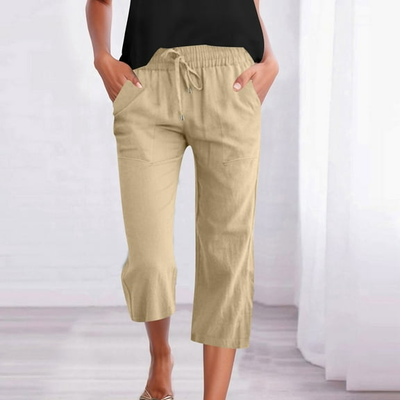 XINMidd Women's Solid Color Linen Casual 3/4 Pants with Pockets and Drawstring Waist plus Size Stretch Pants for Women Work Casual Womens Casual Loose Ripped Denim Pants Womens Summer Pants Casual