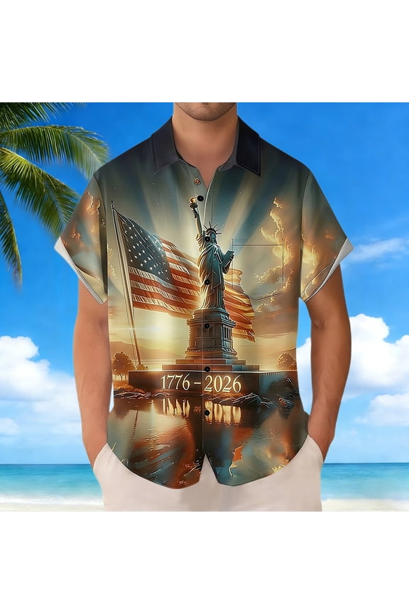 250 Anniversary Men’s Statue Of 1776-2026 Patriotic Shirt, All-Over Print Short Sleeve Button Down Top, 250th Anniversary Independence Day Shirt