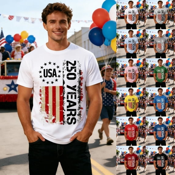 XINPING 250 Year American Anniversary Men’s USA 250 Years Patriotic Long Sleeve T-Shirt, Crew Neck Casual Top, Independence Day Distressed American Flag Print with Multi Color Options
