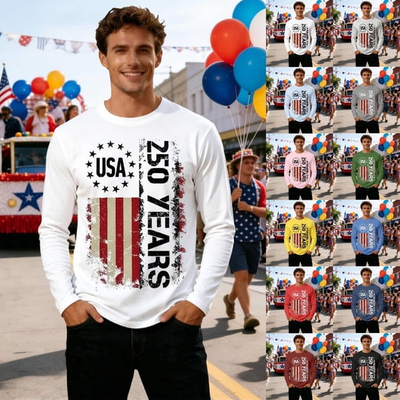 XINPING 250th Anniversary Decorations Men’s USA 250 Years Patriotic Long Sleeve T-Shirt, Crew Neck Casual Top, Independence Day Distressed American Flag Print with Multi Color Options