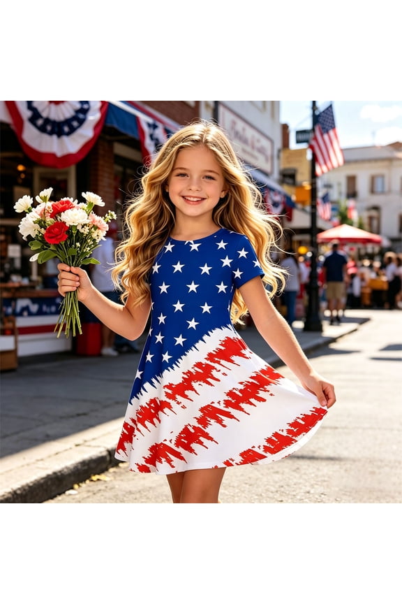 4th of July Dresses for Girls Kids USA 250 Anniversary Patriotic Dress American Flag A Line Dress Independence Day Lightweight Outfit
