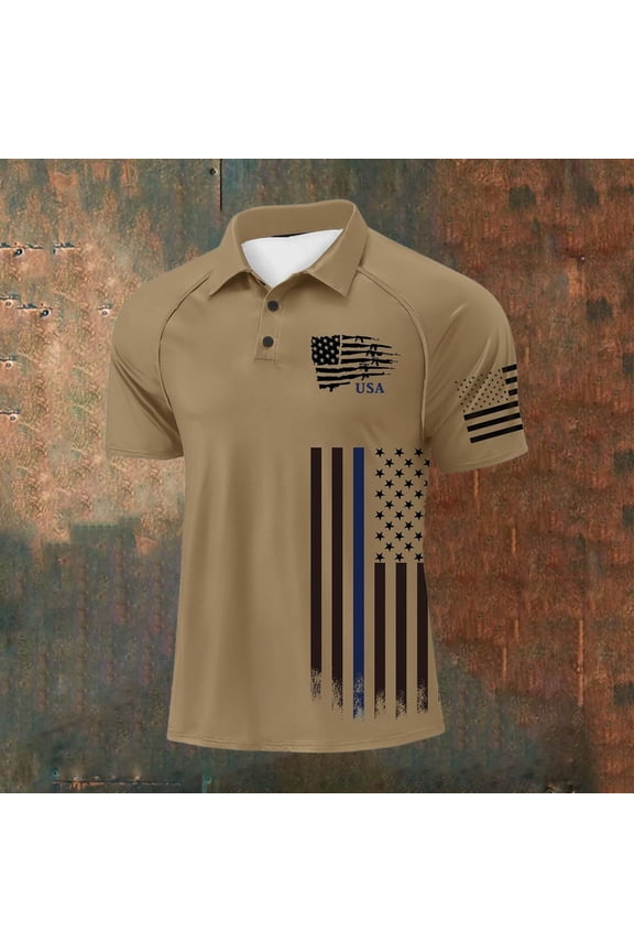 America 250 Men’s Thin Blue Line American Flag Polo Shirt, Tan with Distressed Flag Print Short Sleeve Collared Shirt, 250th Anniversary Independence Day Casual Top with USA Detail