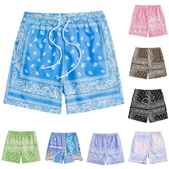 XINPING Bathing Suit Men Loose Fit Palm Tree Print Quick-Dry Pool Swimming Trunks with Pockets Anti-Chafe Summer Swimwear