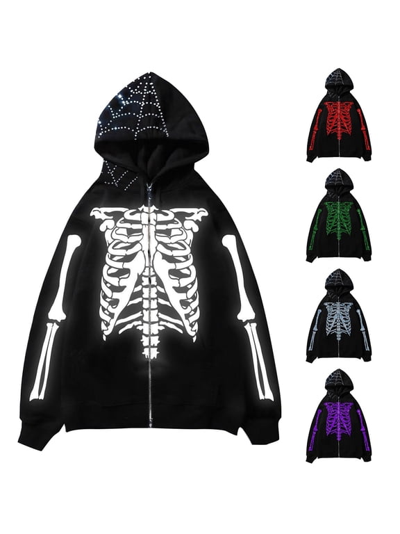 Big and Tall Mens Full-Zip Hoodie Punk Dark Design Skeleton Oversized Funny Gothic Sweatshirt Long Sleeve Casual Wear with Pocket