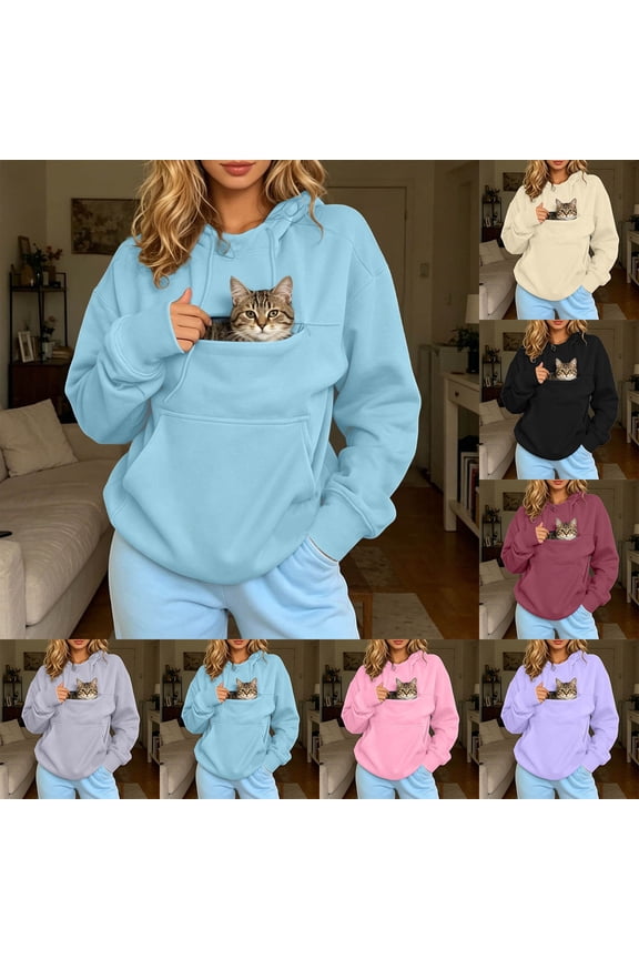Cat Pouch Hoodies for Women Oversized Sweatshirts Pet Pullover Carrier Large Pocket Hooded Sweatshirt for Puppy Dogs Holder Cute Tops