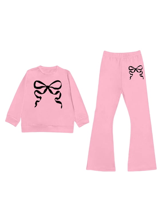 Girls Bow Print Sweatshirt and Flared Pants Set, Two Piece Outfit with Ribbed Edges for Playdates, Parties and Everyday Outings