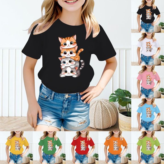 XINPING Girls Cute Stacked Cat Print T-Shirt Kids Short Sleeve Round Neck Tee Cartoon Graphic Top for Summer Casual Wear