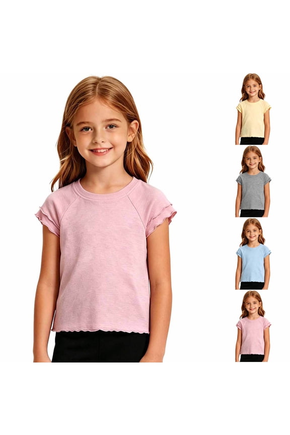 Girls Ruffle Trim Raglan T-Shirt Kids Short Sleeve Crew Neck Tee Cute Ruffled Casual Top for Summer School Wear 2-8Y