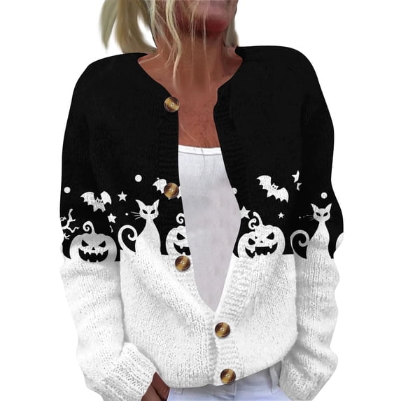 XINPING Halloween Knit Sweater Cardigan for Women Pumpkin Cat Print Coat Button Down Long Sleeve Fall Winter Warm Cozy Soft Holiday Trendy Party Apparel
