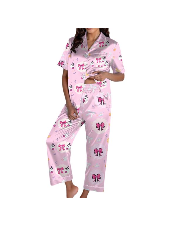 Halloween Loungewear for Women, Button Front Short Sleeve Top with Long Leg Pants, Cute Holiday Pattern Sleepwear Set, Soft Cozy Fabric Pajamas, Autumn Nightwear Outfit, 2026 Trend