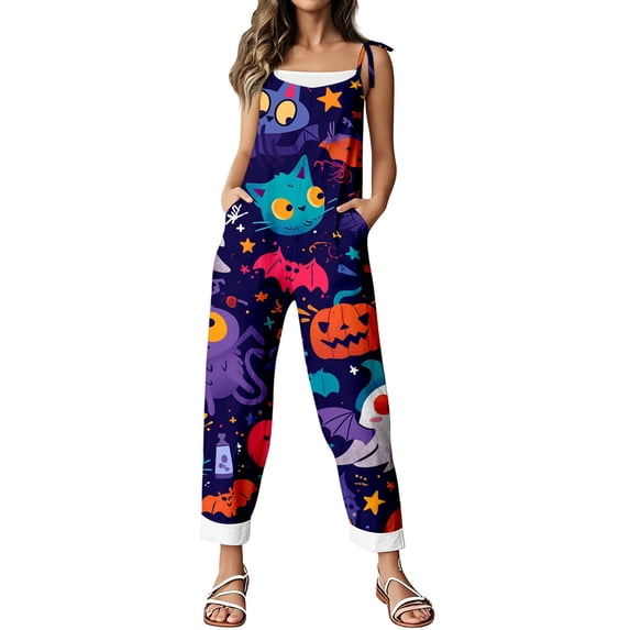 XINPING Halloween Overalls for Women, Sleeveless Spaghetti Strap Jumpsuit with Pockets, Ghost Pumpkin Print Wide Leg Baggy Romper, Adjustable Straps Fall Holiday Party Outfit 2026