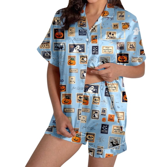 XINPING Halloween Pajama Set Whimsical Halloween Printed Pajama Notched Collar and Short Sleeves Cozy Home Loungewear In Short Pants for Fall and Holidays L
