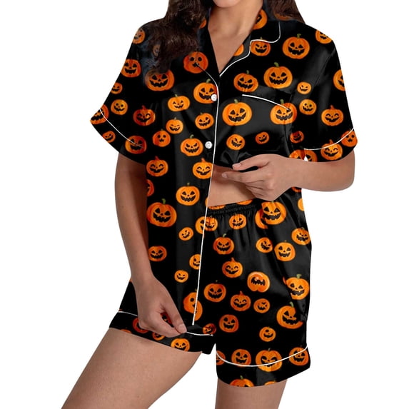 XINPING Halloween Pajama Sets for Women Whimsical Halloween Printed Pajama Notched Collar and Short Sleeves Cozy Home Loungewear In Short Pants for Fall and Holidays XL