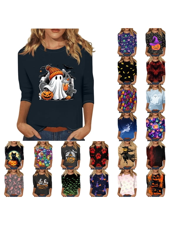 Halloween Shirts for Women Funny Pumpkin Ghost Bat Print 3/4 Sleeve Tunic Tops Cute Crew Neck Halloween Plus Size Fall Holiday Blouse