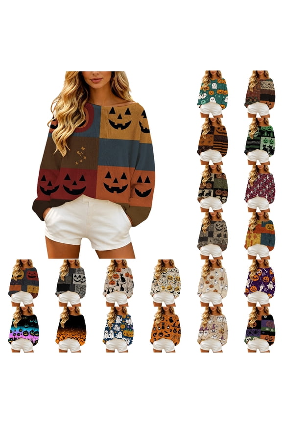 Halloween Sweater Women Cute Ghost Pumpkin Crewneck Knit Sweaters Funny Patchwork Spooky Pattern Knitted Pullover Tops Soft Scary Theme Halloween Outfits Fall Winter Warm Clothes