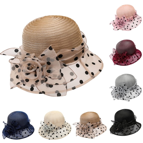 XINPING Hat for Women Ladies 2026 Summer Flower Sun Foldable Hat Holiday Fascinator for Tea Party Flat Top Black Polka Dot Sun Hat