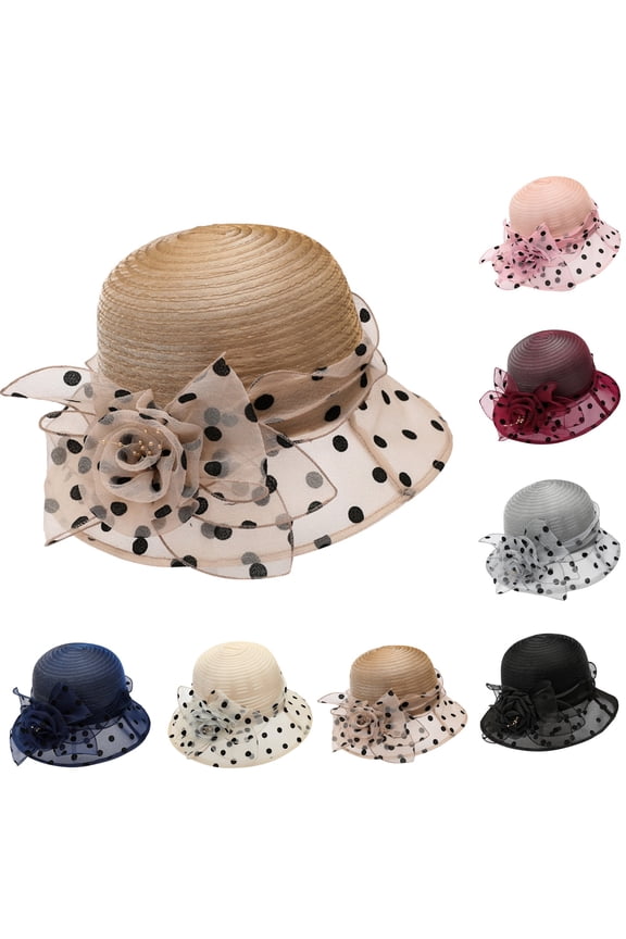 Hat for Women Ladies 2026 Summer Flower Sun Foldable Hat Holiday Fascinator for Tea Party Flat Top Black Polka Dot Sun Hat