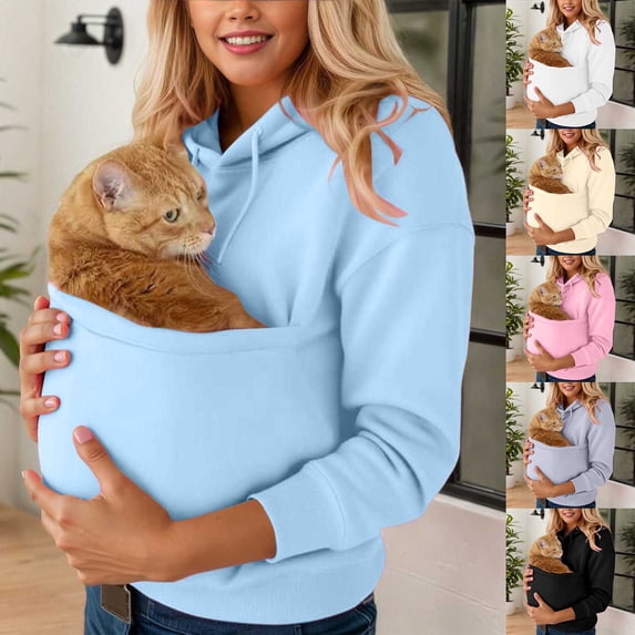 XINPING Hoodie with Dog Pouch, Oversized Sweatshirt Kangaroo Pocket Front Carry Pouch for Small and Cats,Casual Puppy Dogs Holder Solid Long Sleeve Pullover Top