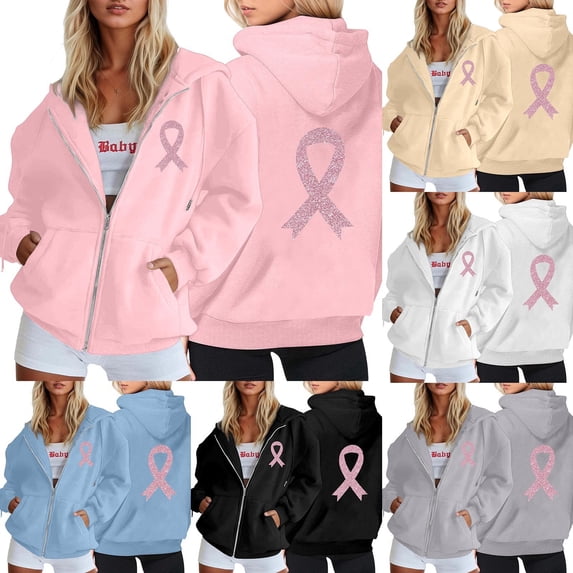 XINPING Hoodies Women Zip Up Hoodie Oversized Sweatshirt Jackets Spring Fall Winter Coats with Breast Cancer Awareness Ribbon Print 2026
