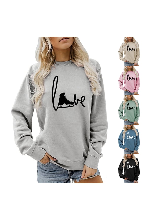 Ice Skating Sweatshirt, Oversized Skating Sweater Women Casual Printed Crew Neck Long Sleeve Hoodie Top Pullover Tops Funny Ice Skating Shirt