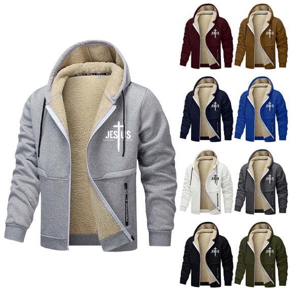 XINPING Men Jesus Hoodie Zip Up Sherpa Lined Plus Size Graphic Christian Faith Hooded Sweatshirts Heavyweight Windproof Outdoor Athletic Thermal Jacket with Pockets Multiple Colours