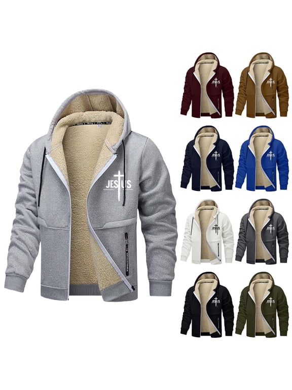 Men Jesus Hoodie Zip Up Sherpa Lined Plus Size Graphic Christian Faith Hooded Sweatshirts Heavyweight Windproof Outdoor Athletic Thermal Jacket with Pockets Multiple Colours