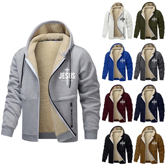 XINPING Men jesus Hoodie Zip Up Lined Plus Size Graphic Christian Faith Outdoor Athletic Thermal Jacket Winter Casual Loose Fit Thick Heavyweight Fleece Coat with Pockets