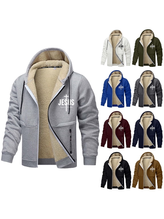 Men jesus Hoodie Zip Up Lined Plus Size Graphic Christian Faith Outdoor Athletic Thermal Jacket Winter Casual Loose Fit Thick Heavyweight Fleece Coat with Pockets
