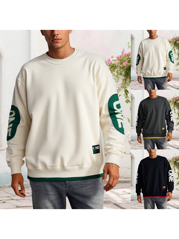 Men's Fashion Logo Crew Sweatshirt Color Block Long Sleeve Pullover Tops Loose Casual Daily Streetwear for Spring and Autumn