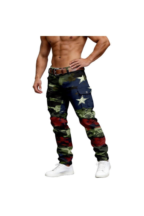 Men's Independence Day Cargo Trousers Baggy Elastic Waist Streetwear Pants Patriotic USA Flag Print Drawstring Loose Fit Summer Outdoor Wear