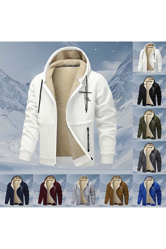 Men's Sherpa Hoodie Jacket Lined Zip Up Warm Hoodies Sweatshirt Winter Casual Hooded Coat Plus Size Christian Faith Outdoor Thermal Jacket with Zipper Pockets